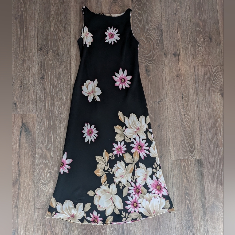 Vintage S.L. Fashions Floral Midi Dress 12P High Neck Sleeveless A-Line 90s